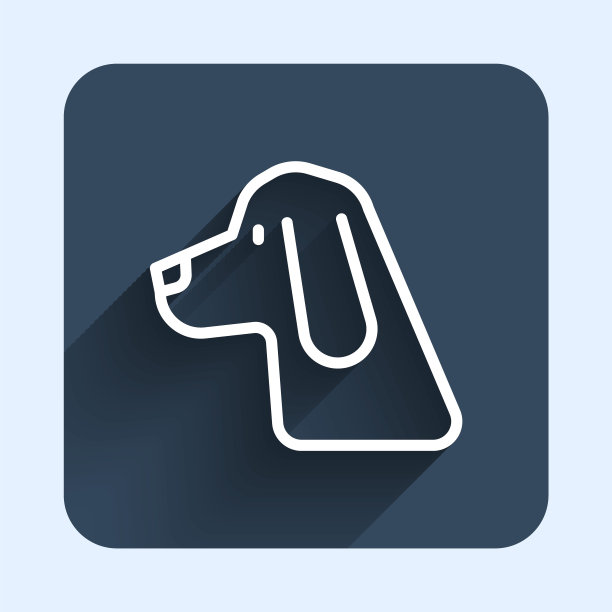 白线猎犬图标孤立与长阴影背景。蓝色方块按钮。向量图片下载