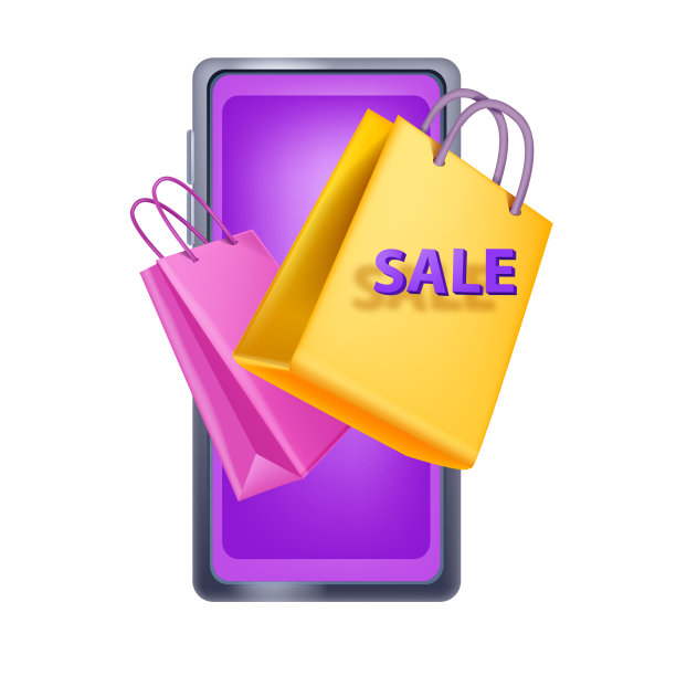 3D销售购物矢量图，智能手机屏幕纸袋，虚拟商店促销折扣海报。图片下载
