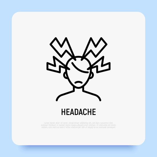 头痛或偏头痛细线图标。精神压力，在人的头上闪烁。高血压现代向量插图。图片下载