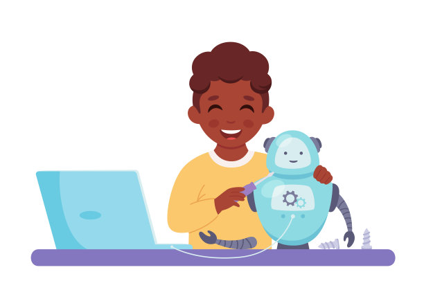 一个黑人小男孩正在创造一个机器人。面向儿童的机器人、编程和工程。矢量图图片下载
