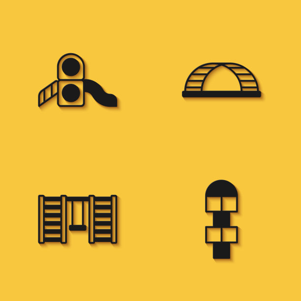 设置滑梯游乐场，跳房子，瑞典墙和猴子酒吧图标与长影子。向量图片下载