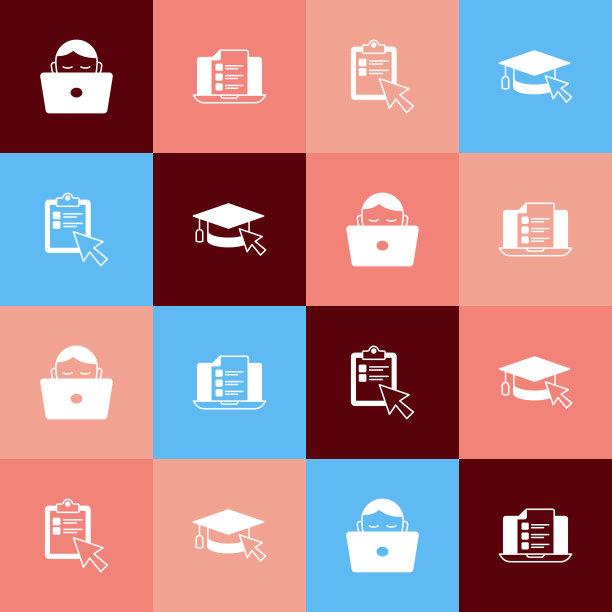 设置流行艺术学生工作在笔记本电脑，在线测验，测试，调查，和毕业帽与光标图标。向量图片下载