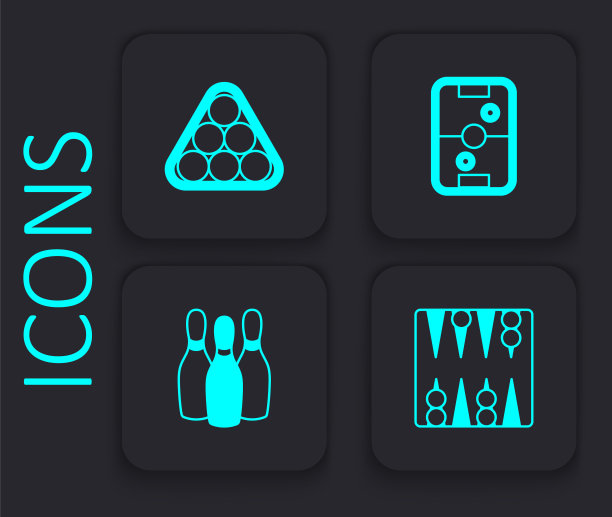 设置西洋双陆棋板，台球在三角形，空气曲棍球表和保龄球瓶图标。黑色方形按钮。向量图片下载