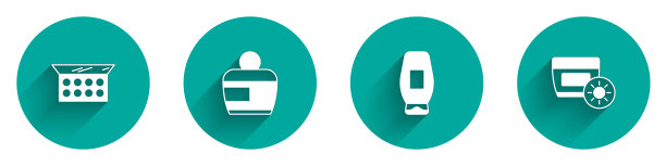 将化妆粉与镜子，乳霜化妆水化妆管，洗发水和防晒霜的瓶子与长阴影图标。向量图片下载