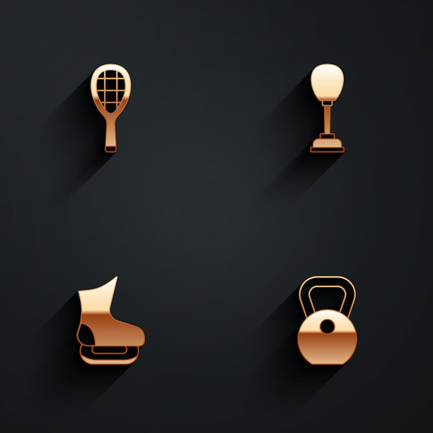 设置网球拍，拳击袋，溜冰鞋和重量图标与长影子。向量图片下载