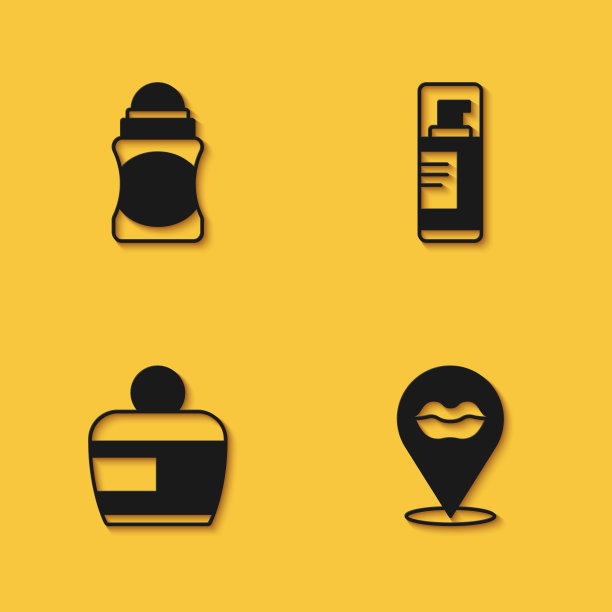 设置除臭剂卷，微笑的嘴唇，霜乳液化妆品管和剃须凝胶泡沫图标与长阴影。向量图片下载