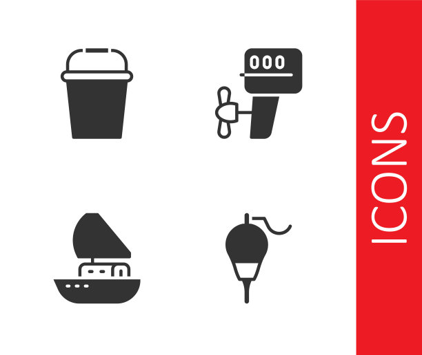 设置钓鱼浮子，铲斗，游艇和舷外马达图标。向量图片下载