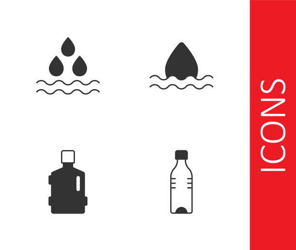设置水壶，水滴，大瓶与清洁和图标。向量图片下载