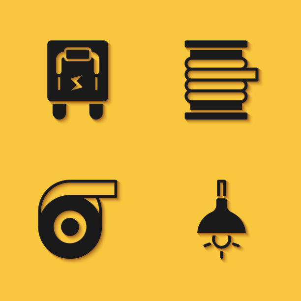 设置电气面板，灯吊，卷胶带和电线电缆卷轴图标与长阴影。向量图片下载