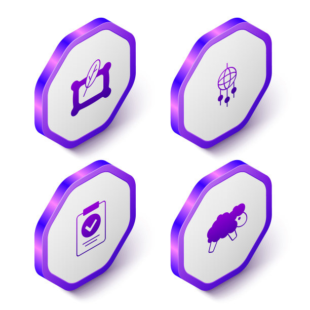 设置等距枕头，捕梦网与羽毛，医疗处方和绵羊图标。紫色的六角按钮。向量图片下载