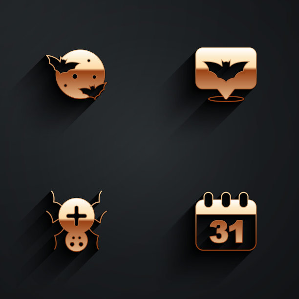 Set Moon and stars、Flying bat、Spider和Halloween date 10月31日的图标上都有长长的影子。向量图片下载