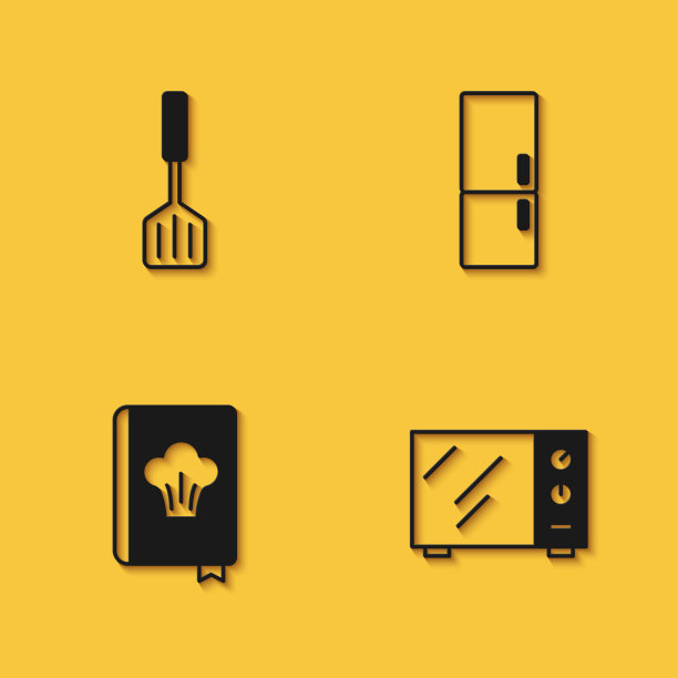 设置抹刀，微波炉，烹饪书和冰箱图标与长影子。向量图片下载