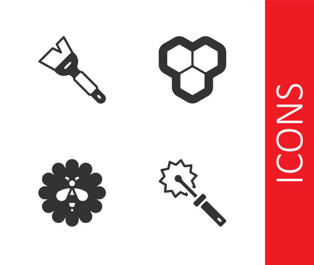 设置切割辊蜂蜜，养蜂刷，花和蜂巢图标。向量图片下载