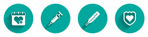设置医生预约，注射器，医疗温度计和免疫系统图标长阴影。向量图片下载
