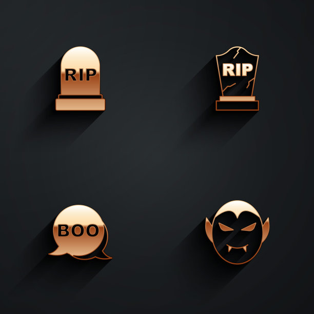 设置墓碑与RIP写，Boo演讲泡沫和吸血鬼图标与长影子。向量图片下载