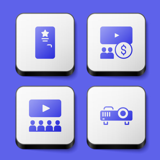 设置后台，电影院礼堂与屏幕，和电影，电影，媒体投影仪图标。白色正方形按钮。向量图片下载