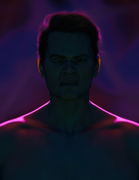 黑暗阴影肖像的一个赤膊亚洲眨眼男子在粉红色的边缘光。3 d渲染。图片下载