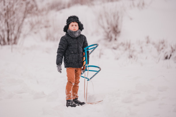 这家伙正坐着雪橇从山上滑下来，院子里下雪的时候，冬天很开心。图片下载
