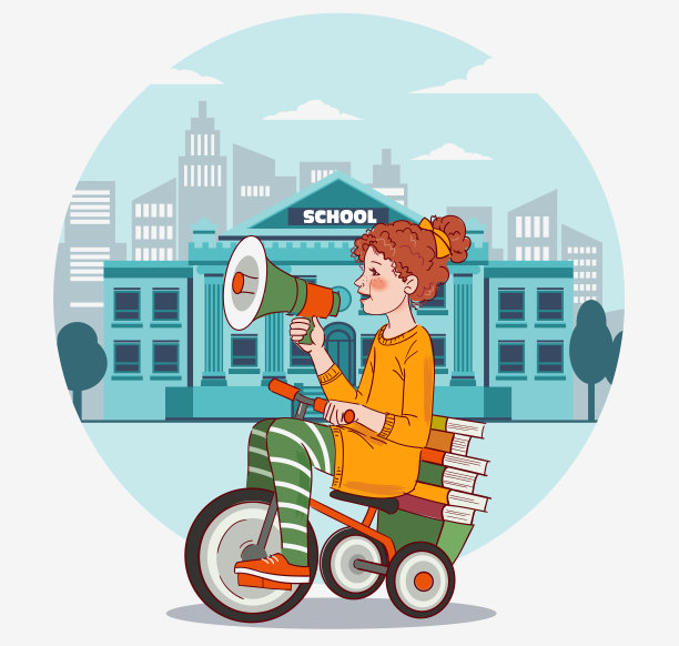 可爱的孩子骑自行车。搞笑女孩对着扩音器大喊大叫。回到学校的矢量插图图片下载