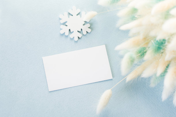 圣诞背景-装饰在蓝色的背景旁边的白色空白卡片，空白的空间图片下载