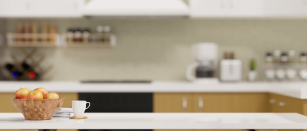 现代餐桌与复制空间在背景模糊的厨房。图片下载