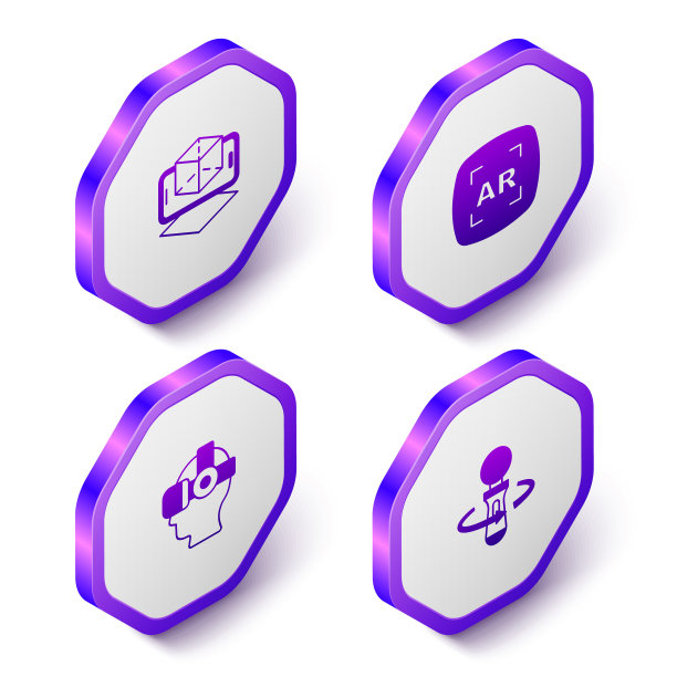 设置等距三维建模，增强现实AR，虚拟眼镜和VR控制器游戏图标。紫色的六角按钮。向量图片下载