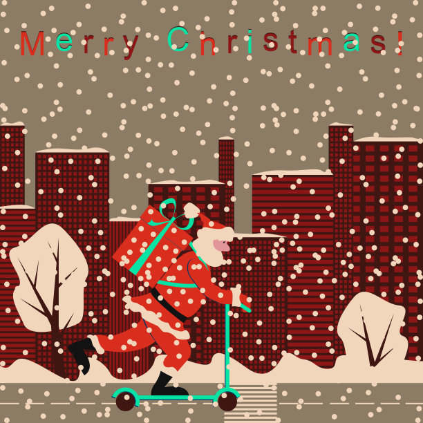 圣诞老人骑着小摩托车，带着一份大礼物在小镇的街道上行驶图片下载