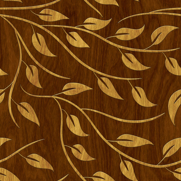 树叶图案在木材背景，无缝的纹理，镶嵌面板，3d插图图片下载