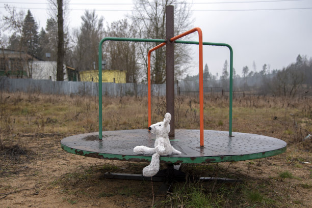 雨天里，一只被遗忘在旋转木马上的玩具老鼠。图片下载
