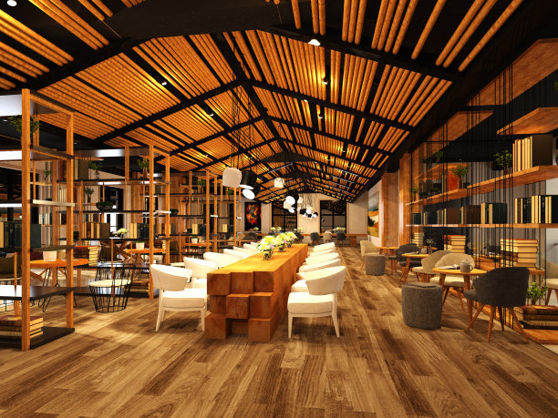 餐厅咖啡厅内部的3d渲染图片下载