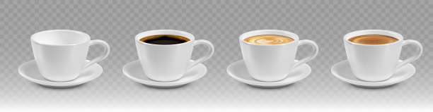 逼真的咖啡杯设置不同颜色的热饮。黑咖啡，卡布奇诺，浓咖啡，玛奇朵，摩卡侧面。图片下载