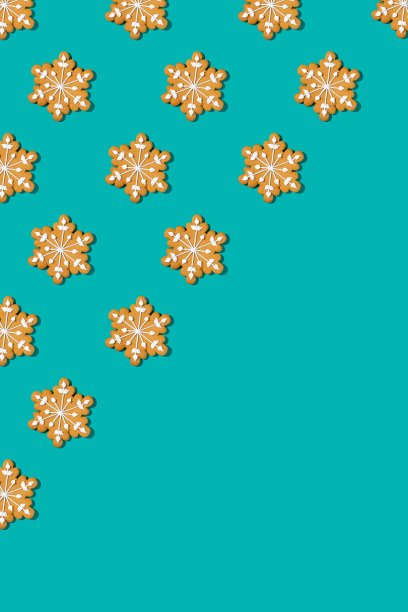 雪花姜饼配白色糖衣装饰。圣诞或新年图案的绿松石。自制的饼干。面包店。糕点的礼物。图片下载