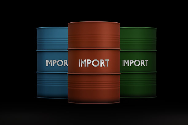 进口，写在三个彩色桶的表面。在黑色背景。进口,图片下载