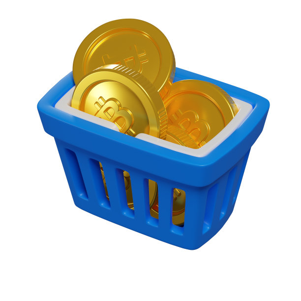 3d蓝色购物篮与比特币，代币购买概念，加密货币，孤立的插图在白色背景，3d渲染图片下载