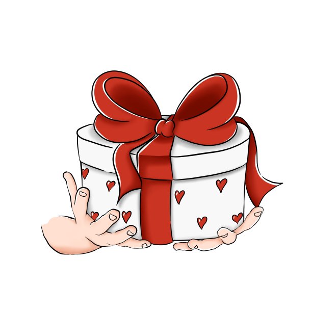 情人节浪漫插画。手拿红心饰品和红丝带的礼品。图片下载