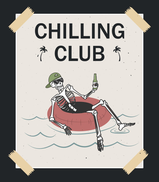 充气游泳圈里的骷髅。复古手绘向量。印刷于t恤、海报及其他用途。图片下载