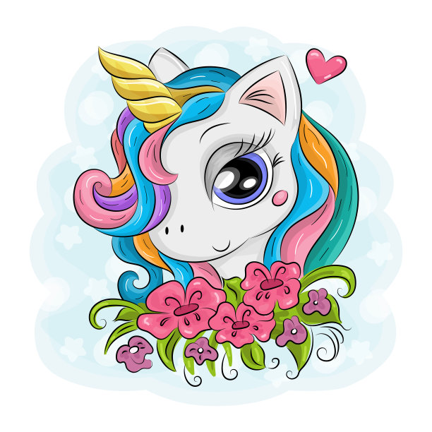 可爱的卡通独角兽在蓝色的背景图片下载