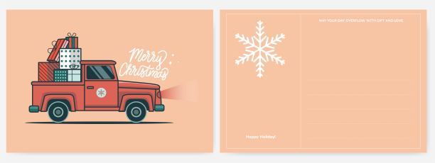 汽车携带一堆礼物插图为圣诞快乐问候明信片向量模板图片下载