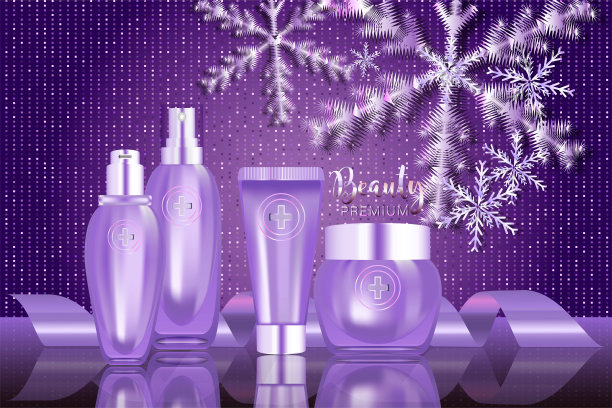 美容产品广告设计，紫色化妆品容器与假日概念广告背景准备使用，豪华护肤品横幅，插图图片下载