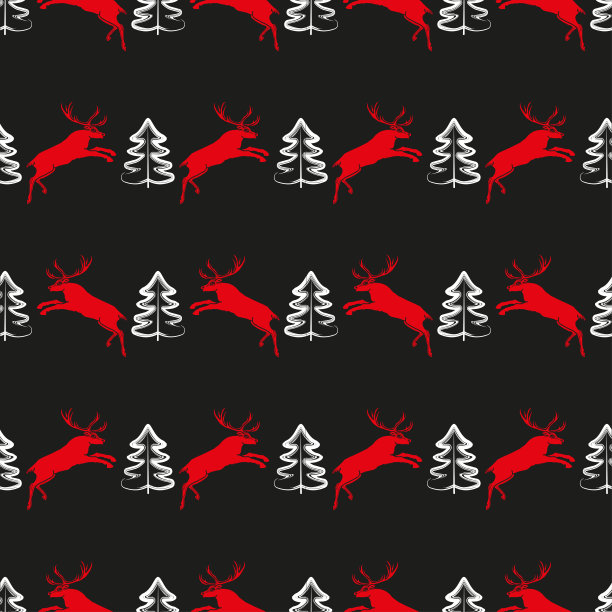 无缝的图案奔跑的野鹿和一排排的圣诞树图片下载