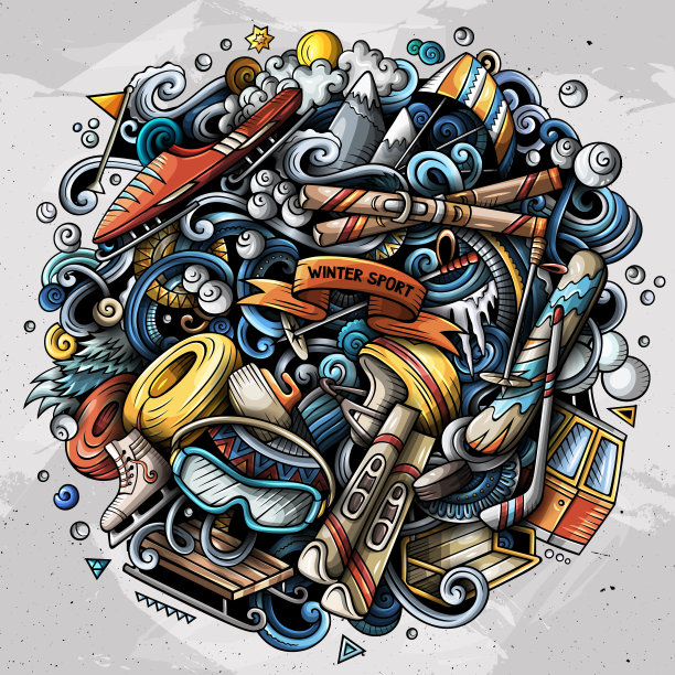 滑雪胜地手绘卡通涂鸦插图。图片下载