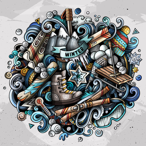 滑雪胜地手绘卡通涂鸦插图。图片下载