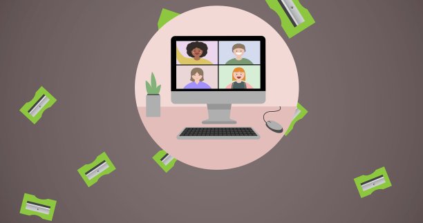 电脑屏幕上的绿色卷笔刀和视频通话组成在灰色的粉色圆圈上图片下载