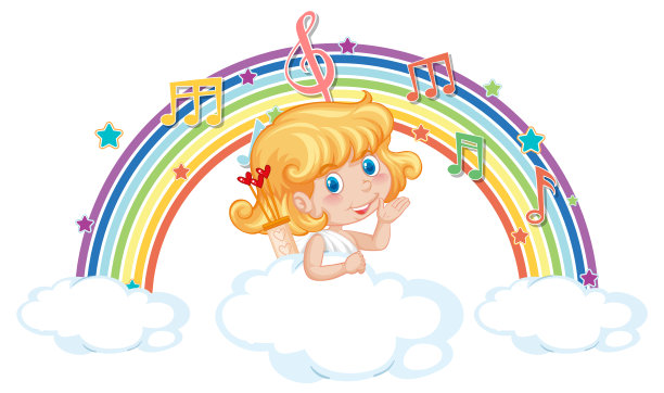 丘比特女孩在云与旋律符号彩虹图片下载