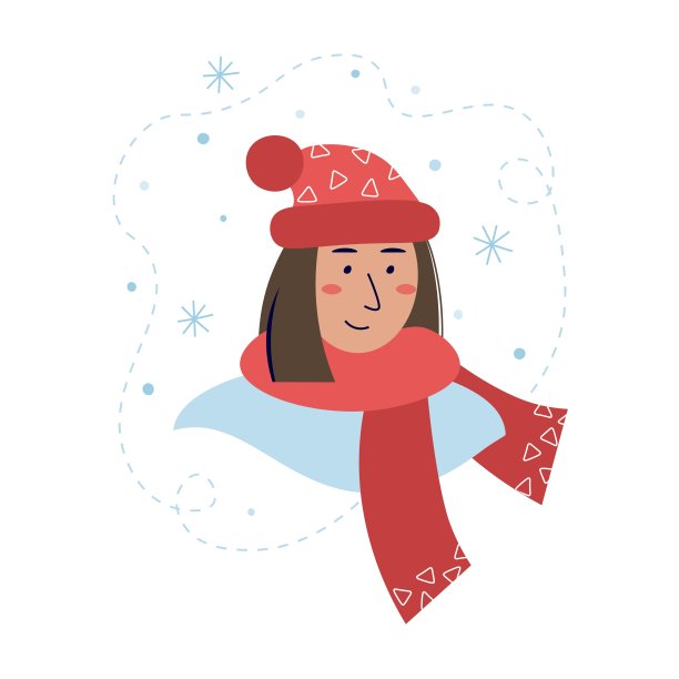 戴着冬季帽子和围巾的年轻女孩。穿冬天衣服的女人。飘落的雪花下的女性性格。冬天的概念。平面矢量插图孤立的白色背景。图片下载
