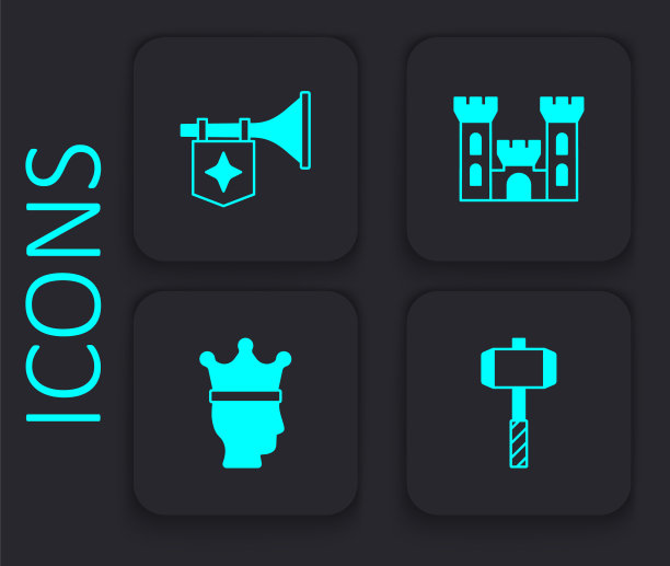 设置战斗锤，喇叭与旗帜，城堡和国王皇冠图标。黑色方形按钮。向量图片下载