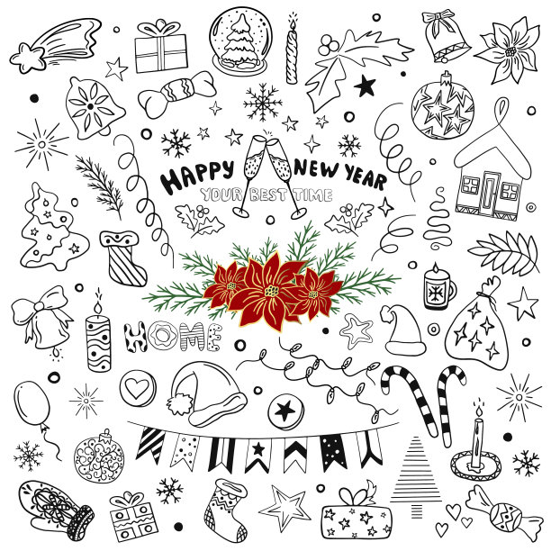 新年和圣诞节手画大图标图片下载
