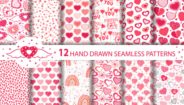 一套手绘无缝图案与可爱的红色图片下载