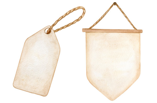 水彩旧纸横幅和标签插图。手绘复古挂招牌与复制空间隔离在白色背景。古信，海报素描，带绳子的标签。图片下载