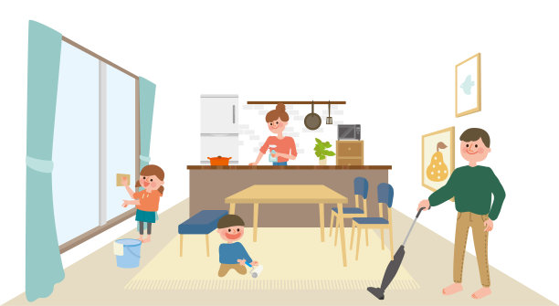 一个家庭打扫房子的插图图片下载